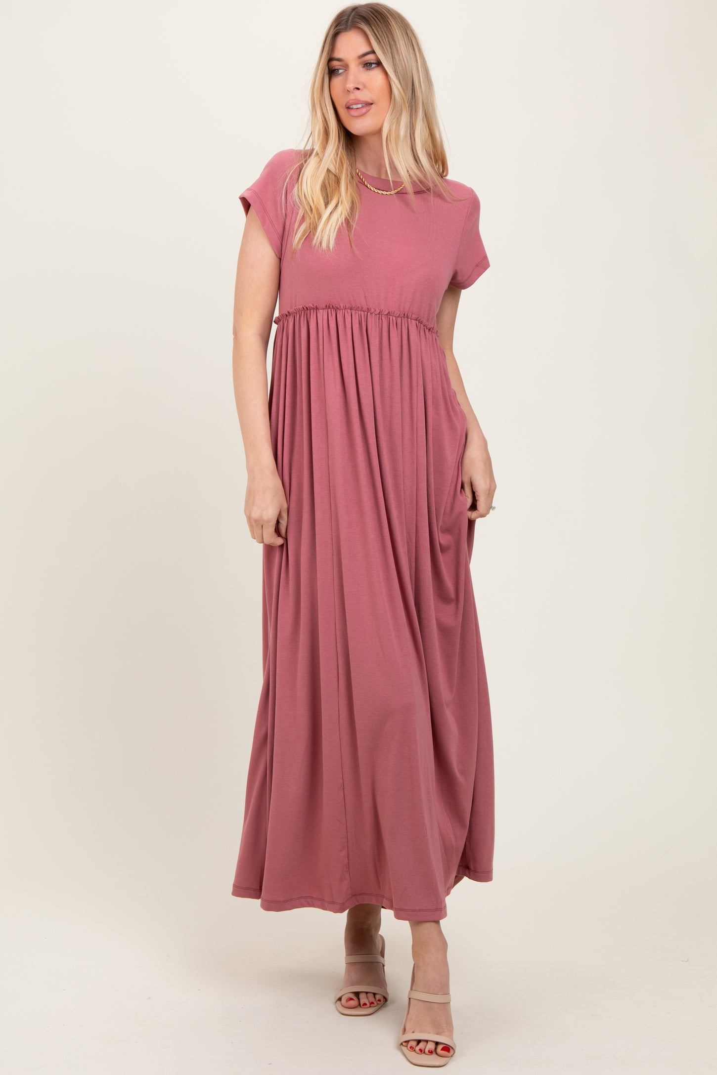 Mauve Short Sleeve Pocketed Maternity Maxi Dress