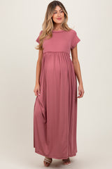 Mauve Short Sleeve Pocketed Maternity Maxi Dress