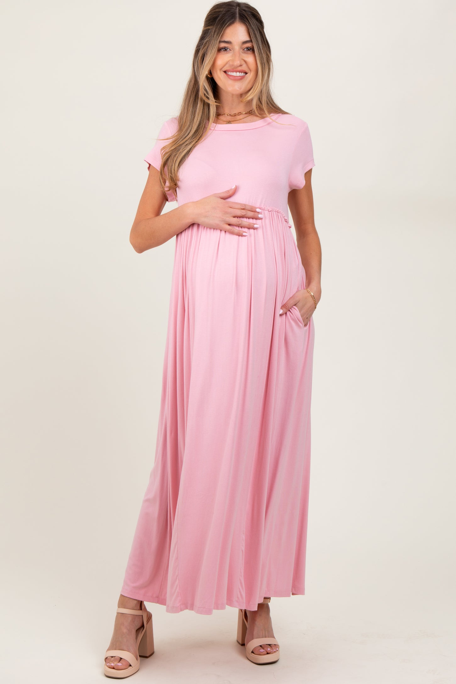 Light Pink Short Sleeve Pocketed Maternity Maxi Dress