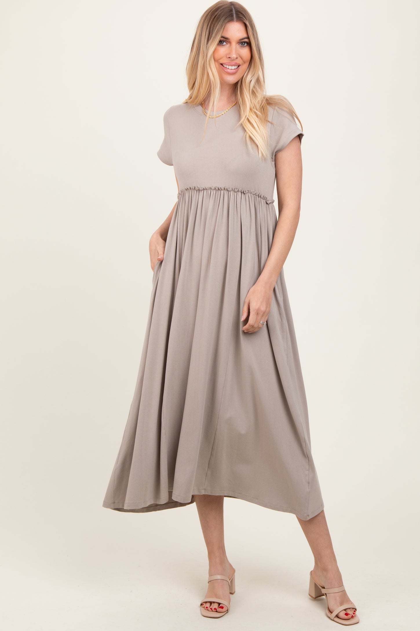 Taupe Ruffle Trim Maternity Maxi Dress