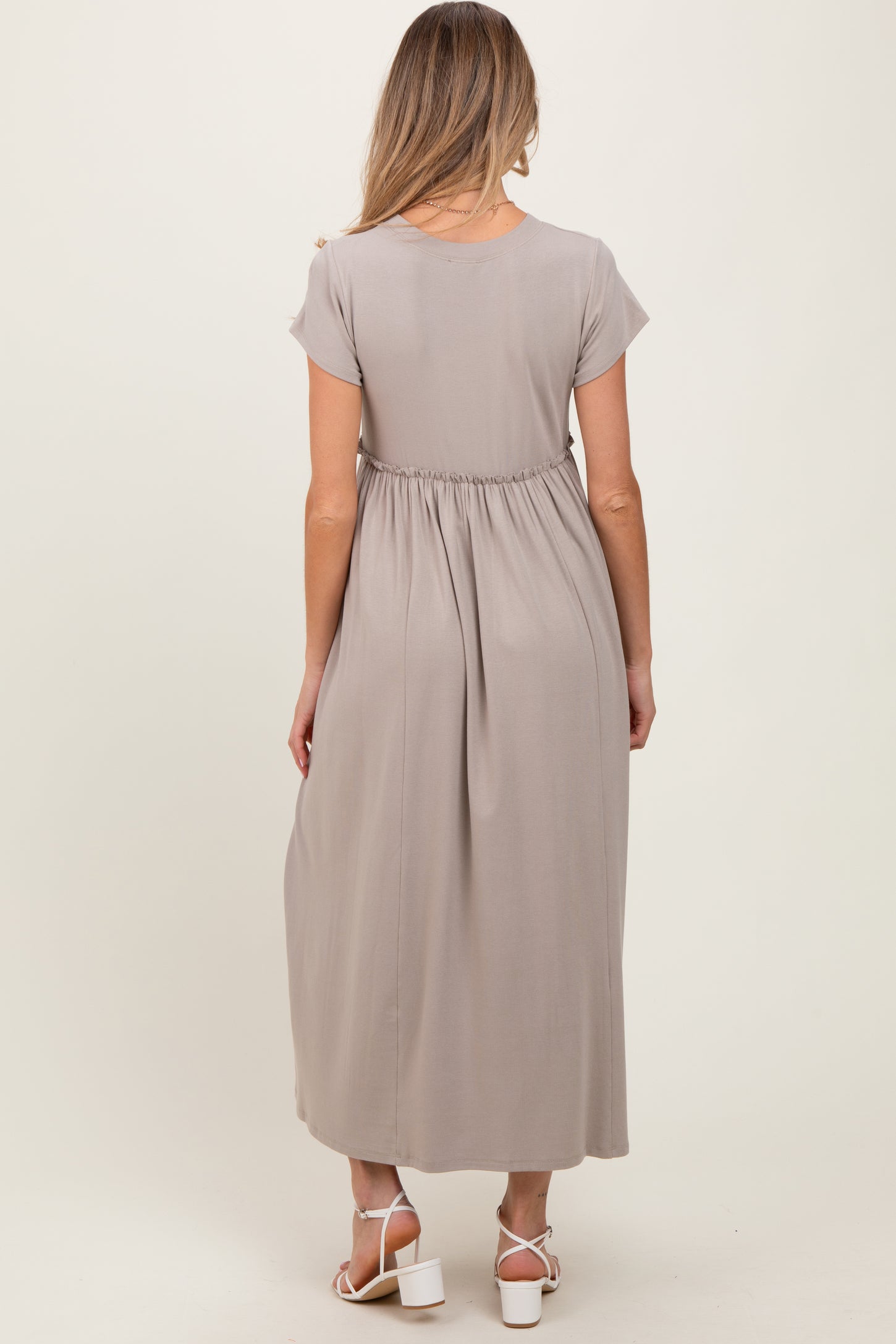 Taupe Ruffle Trim Maternity Maxi Dress