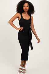 Black Ribbed Front Tie Sleeveless Midi Dress