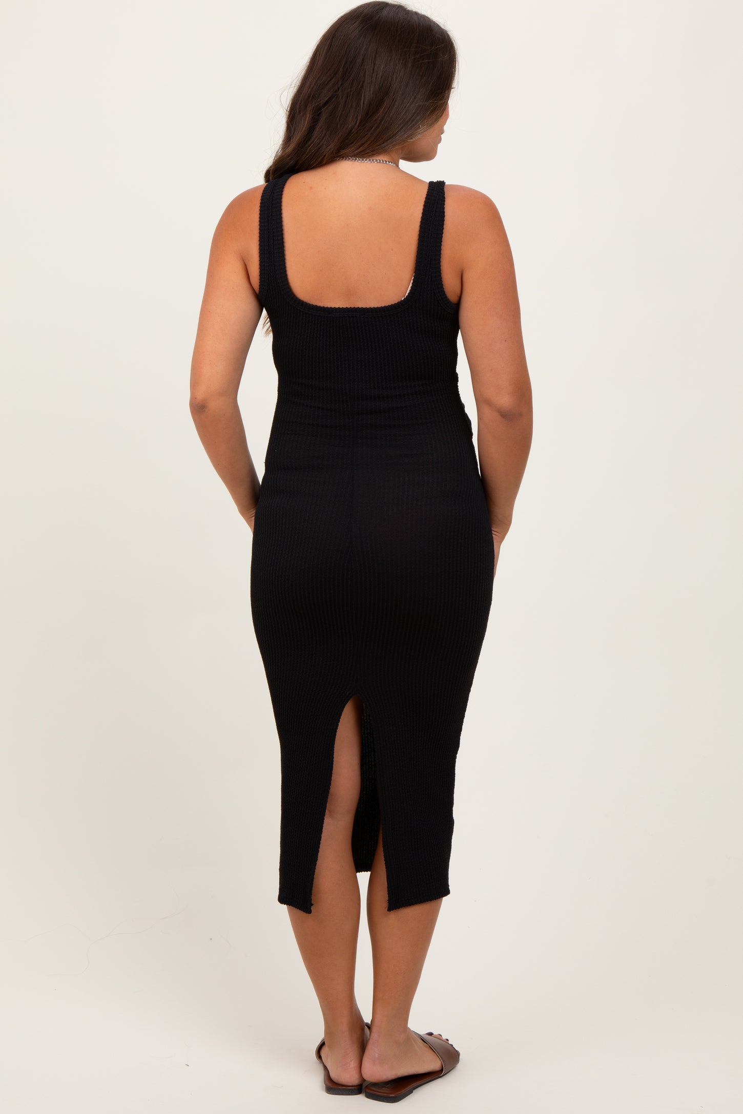 Black Ribbed Front Tie Sleeveless Maternity Midi Dress