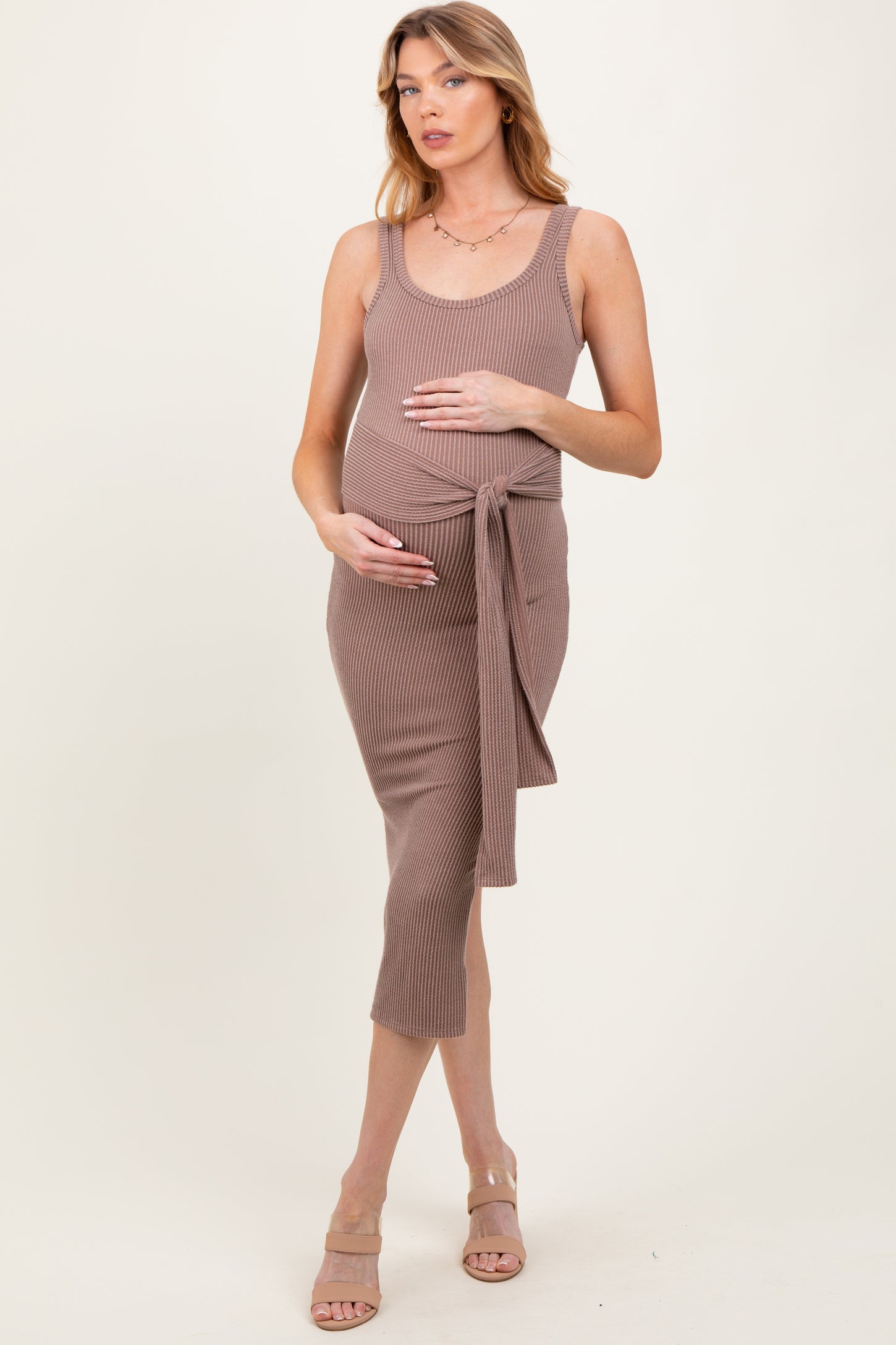 Mocha Ribbed Front Tie Sleeveless Maternity Midi Dress