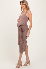 Mocha Ribbed Front Tie Sleeveless Maternity Midi Dress