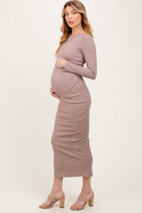 Taupe Ribbed Cinched Back Cutout Maternity Midi Dress