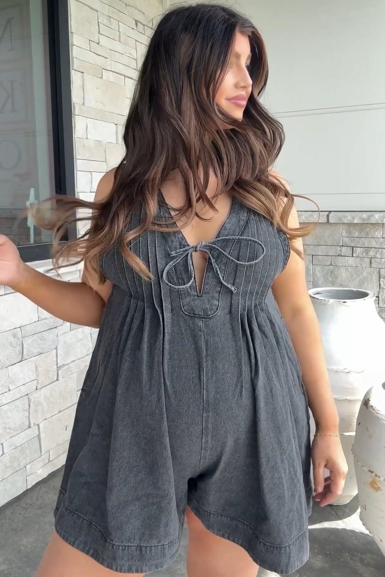 Charcoal Deep V-Neck Pleated Front Tie Sleeveless Maternity Romper
