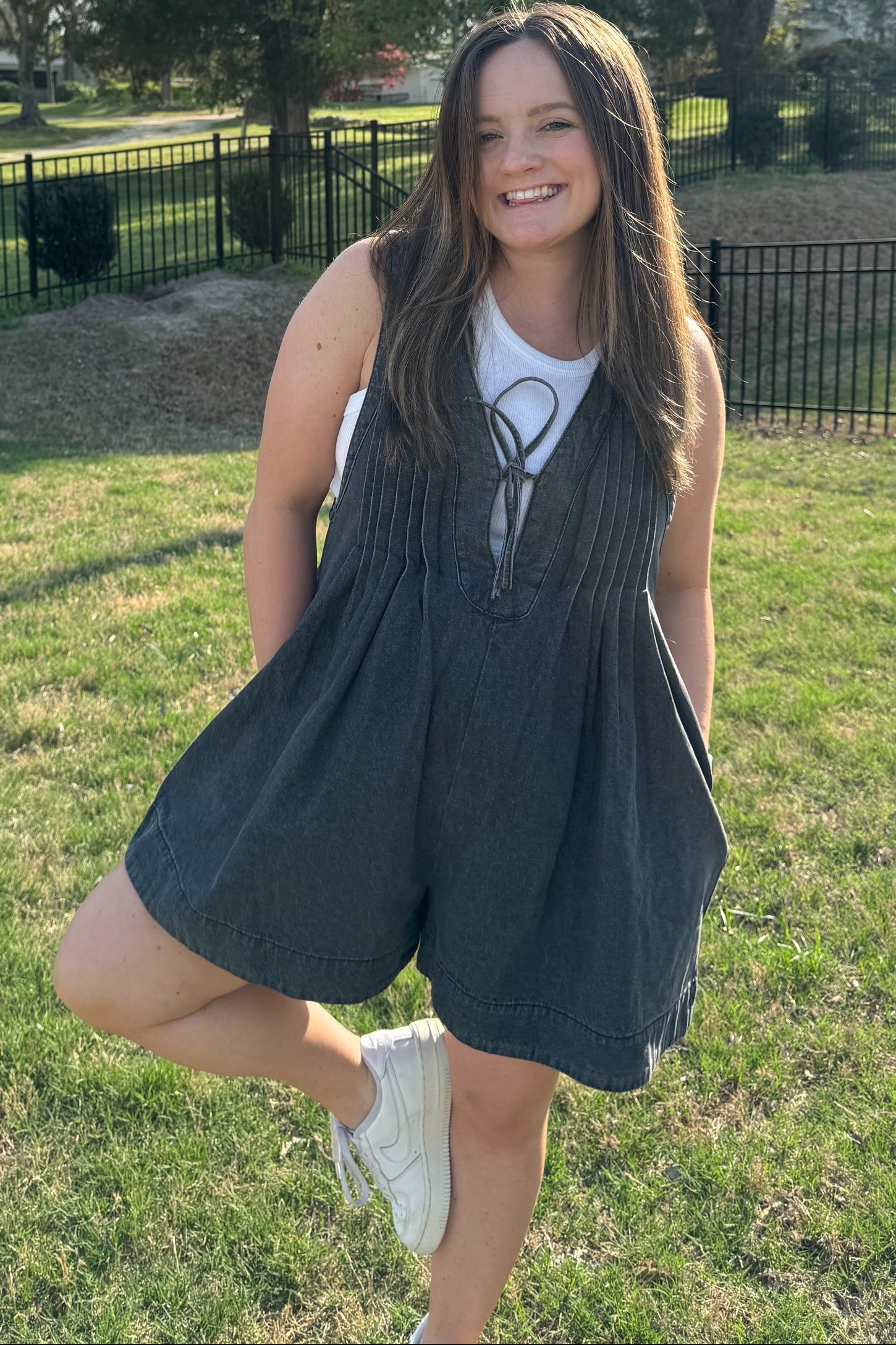 Charcoal Deep V-Neck Pleated Front Tie Sleeveless Maternity Romper