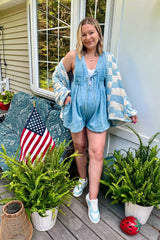 Light Blue Deep V-Neck Pleated Front Tie Sleeveless Maternity Romper