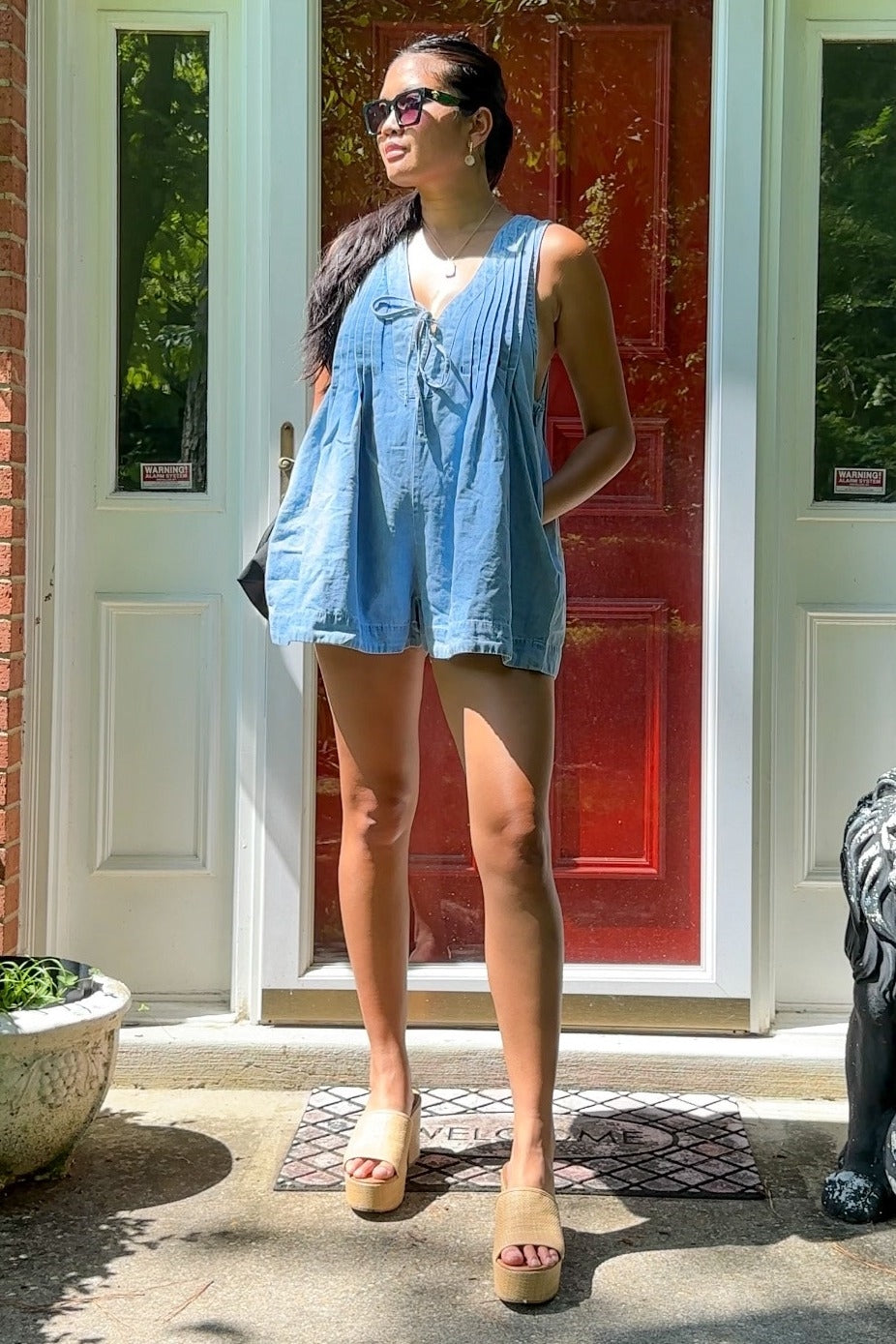 Light Blue Deep V-Neck Pleated Front Tie Sleeveless Maternity Romper