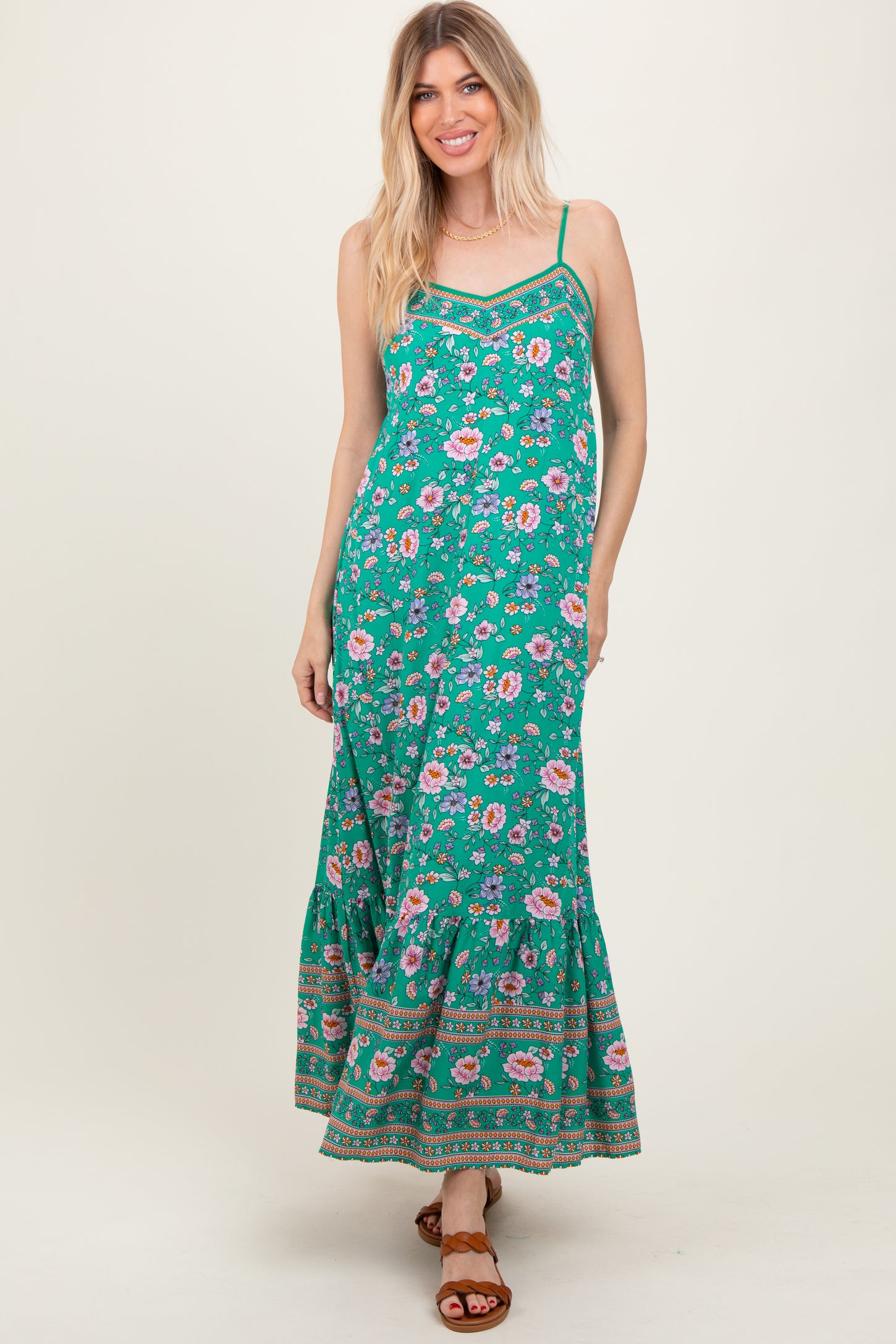 Green Floral Tie Back Maternity Maxi Dress