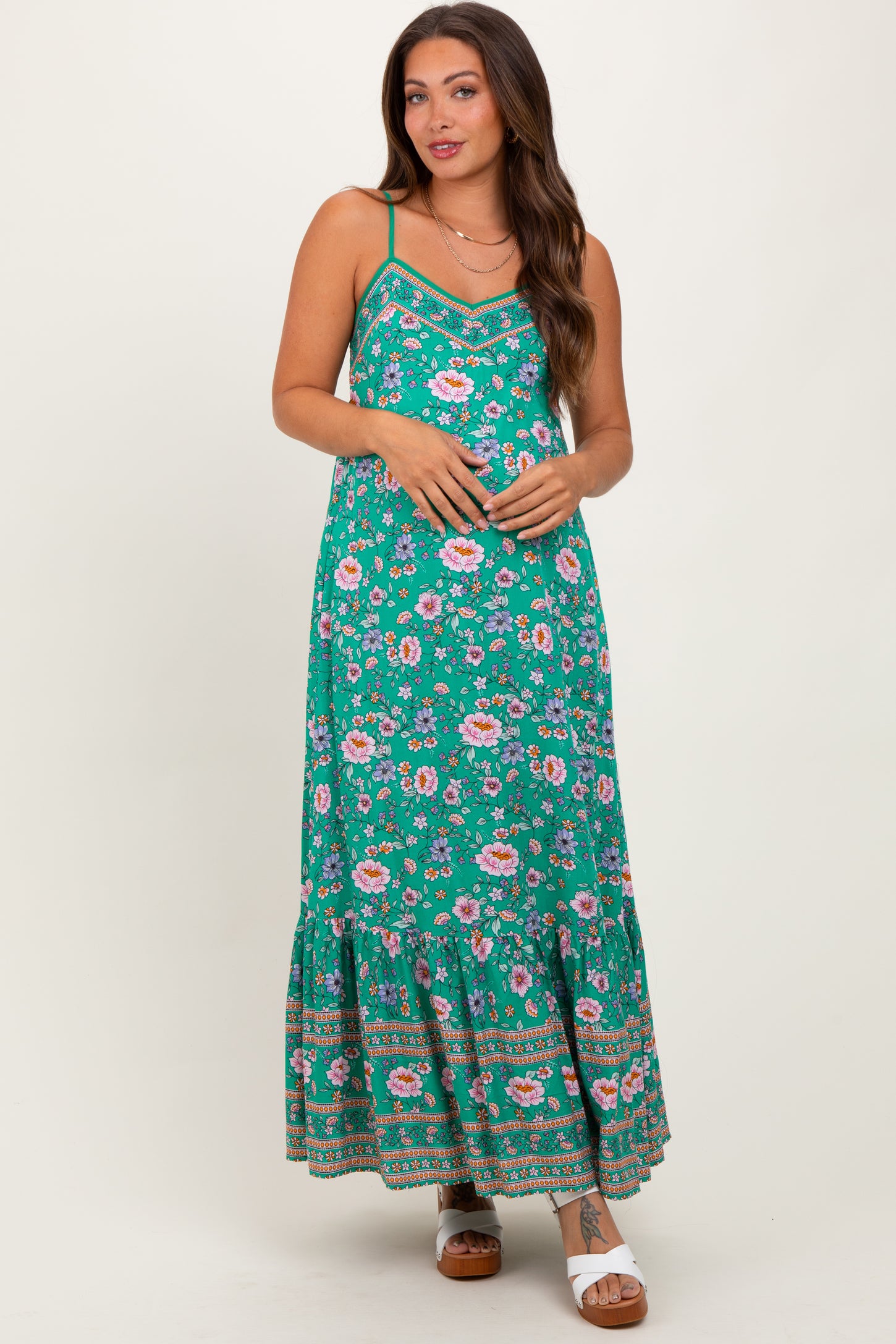 Green Floral Tie Back Maternity Maxi Dress