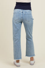 Light Blue Ripped Knee Fringe Hem Straight Leg Maternity Ankle Jeans