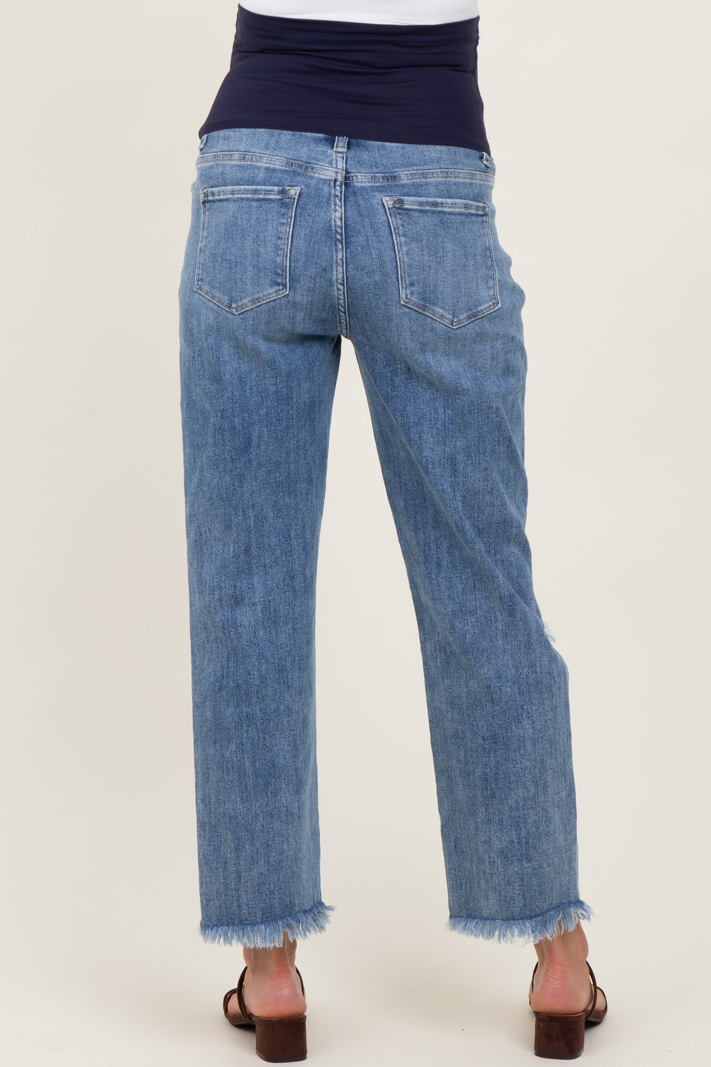 Blue Ripped Knee Fringe Hem Straight Leg Maternity Ankle Jeans