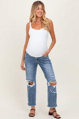 Blue Ripped Knee Fringe Hem Straight Leg Maternity Ankle Jeans