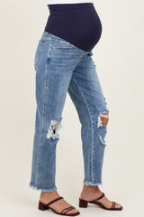 Blue Ripped Knee Fringe Hem Straight Leg Maternity Ankle Jeans