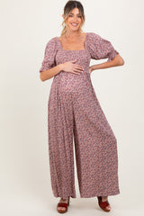 Mauve Floral Smocked Puff Sleeve Maternity Jumpsuit