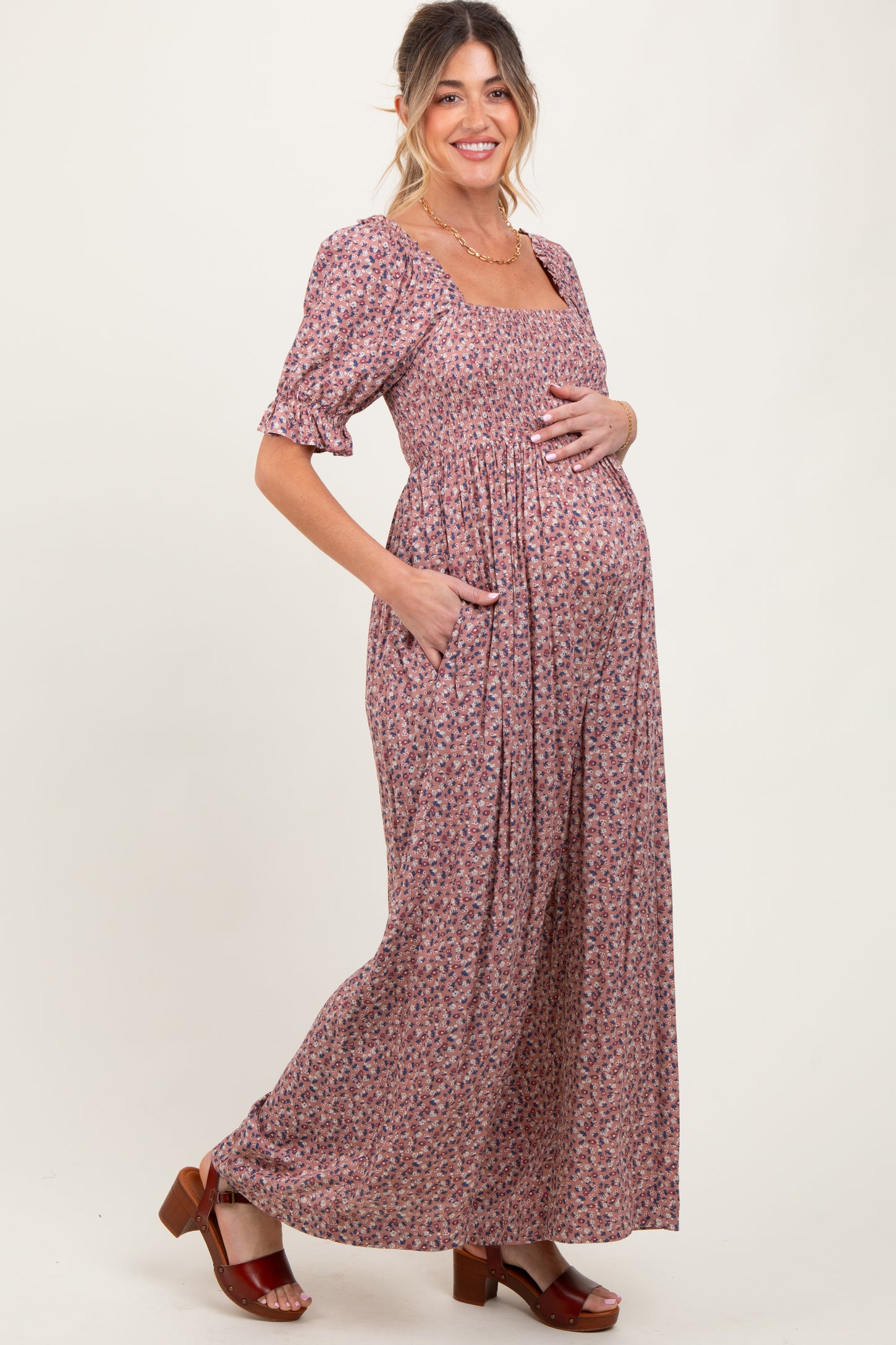 Mauve Floral Smocked Puff Sleeve Maternity Jumpsuit