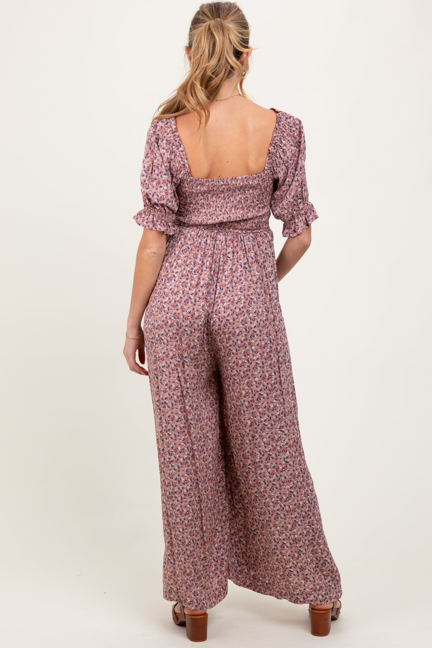 Mauve Floral Smocked Puff Sleeve Maternity Jumpsuit