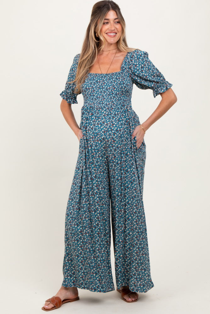 Teal Floral Smocked Puff Sleeve Maternity Jumpsuit