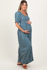 Teal Floral Smocked Puff Sleeve Maternity Jumpsuit