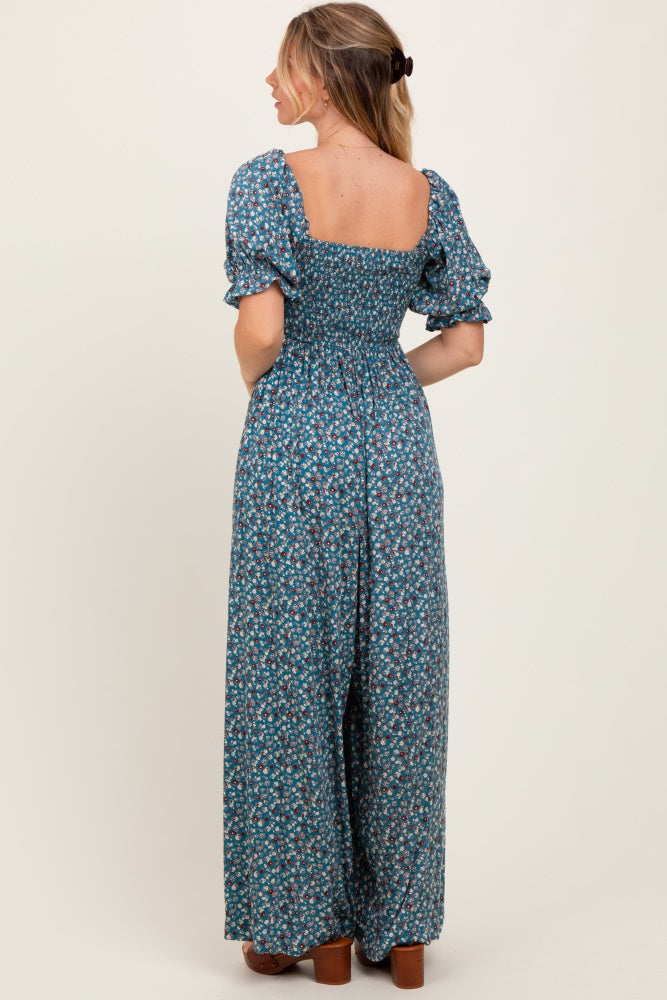 Teal Floral Smocked Puff Sleeve Jumpsuit