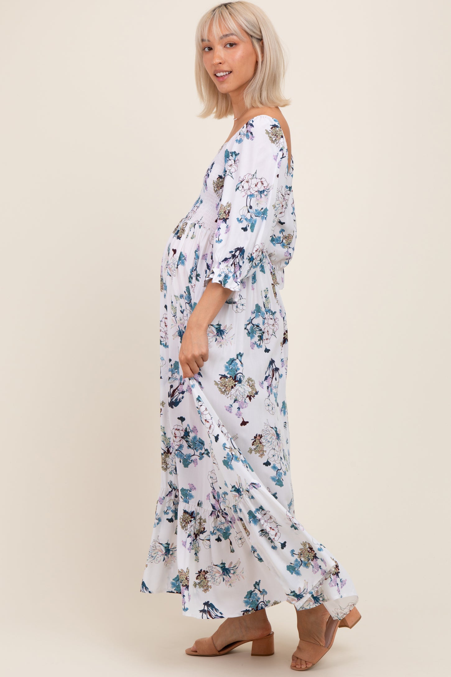 White Floral Sweetheart Puff Sleeve Maternity Maxi Dress