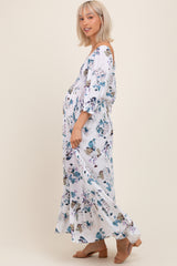 White Floral Sweetheart Puff Sleeve Maternity Maxi Dress