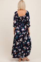 Navy Floral Sweetheart Puff Sleeve Maternity Maxi Dress
