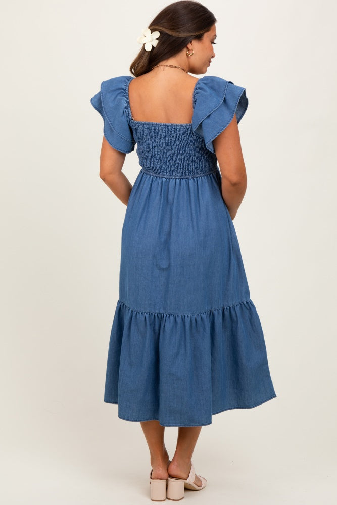 Blue Chambray Smocked Flutter Sleeve Maternity Dress