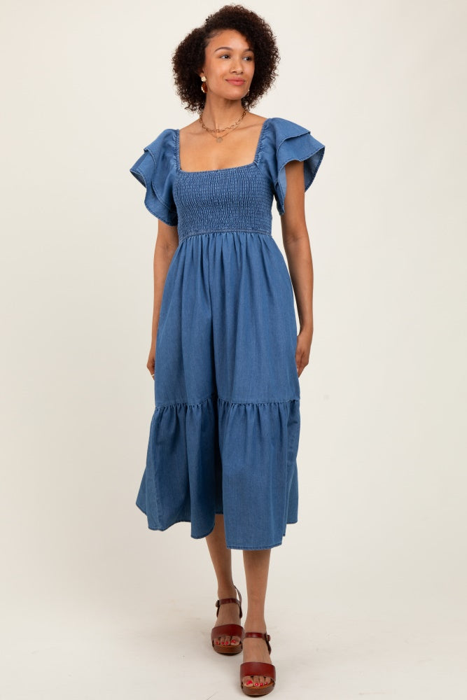 Blue Chambray Smocked Flutter Sleeve Dress