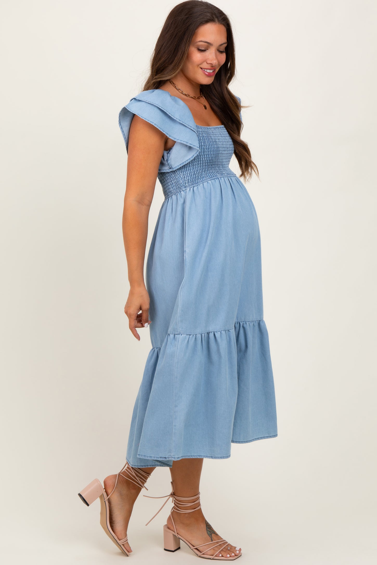 Light Blue Chambray Smocked Flutter Sleeve Maternity Dress