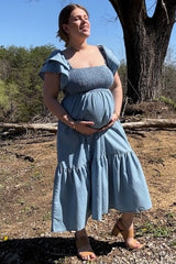 Light Blue Chambray Smocked Flutter Sleeve Maternity Dress