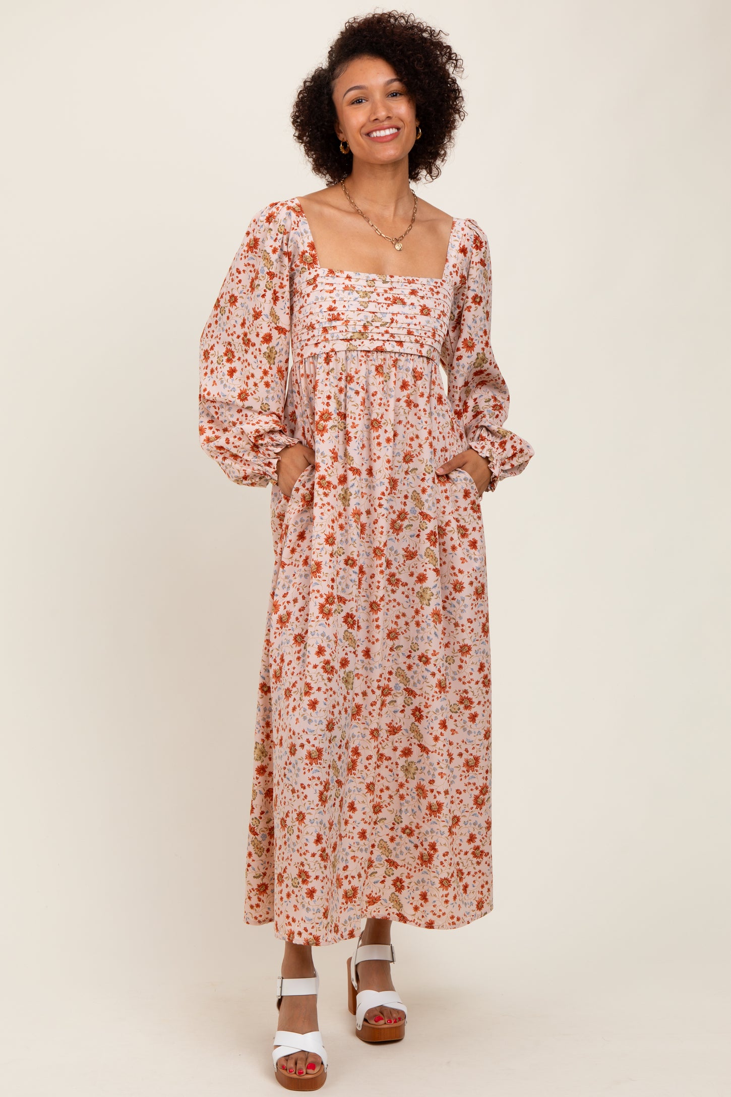 Cream Floral Pleated Bust Long Sleeve Maxi Dress