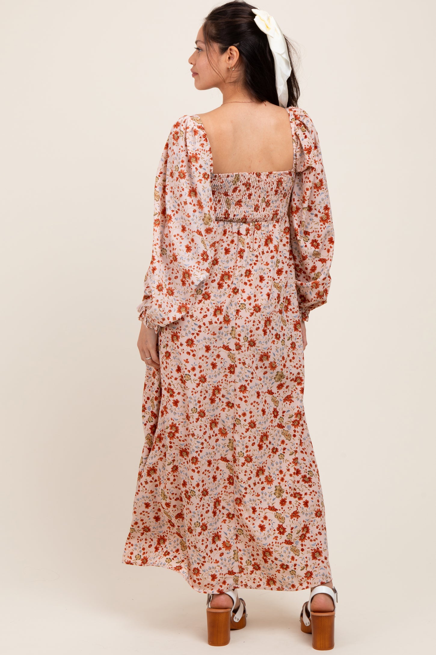 Cream Floral Pleated Bust Long Sleeve Maternity Maxi Dress