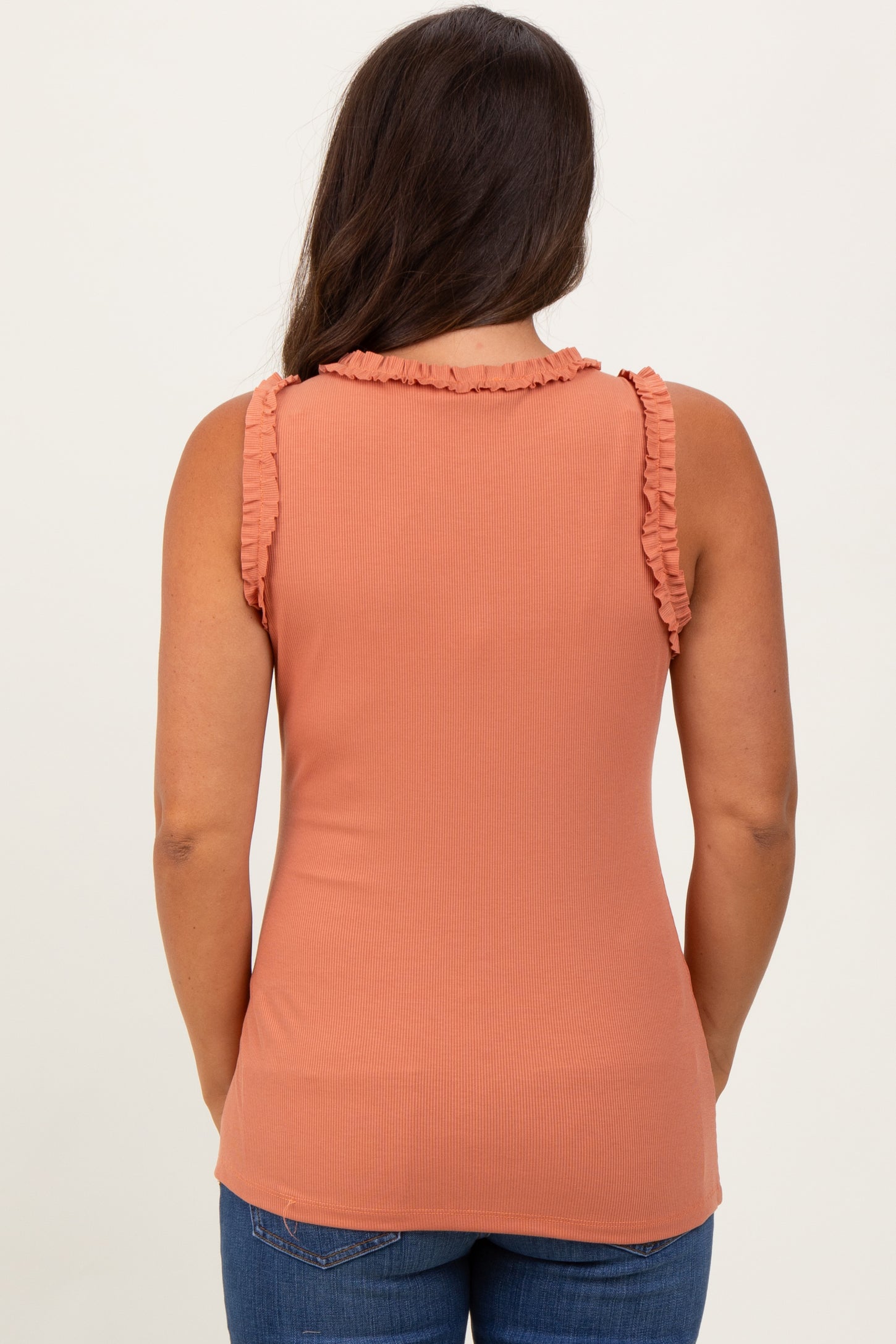 Peach Rib Knit Ruffle Trim Sleeveless Maternity Top