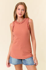Peach Rib Knit Ruffle Trim Sleeveless Maternity Top