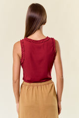 Burgundy Rib Knit Ruffle Trim Sleeveless Top