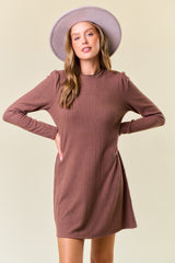 Mocha Textured Knit Ruffle Neck Long Sleeve Mini Dress