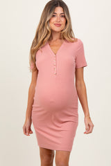 Mauve Ribbed Short Sleeve Henley Maternity Dress