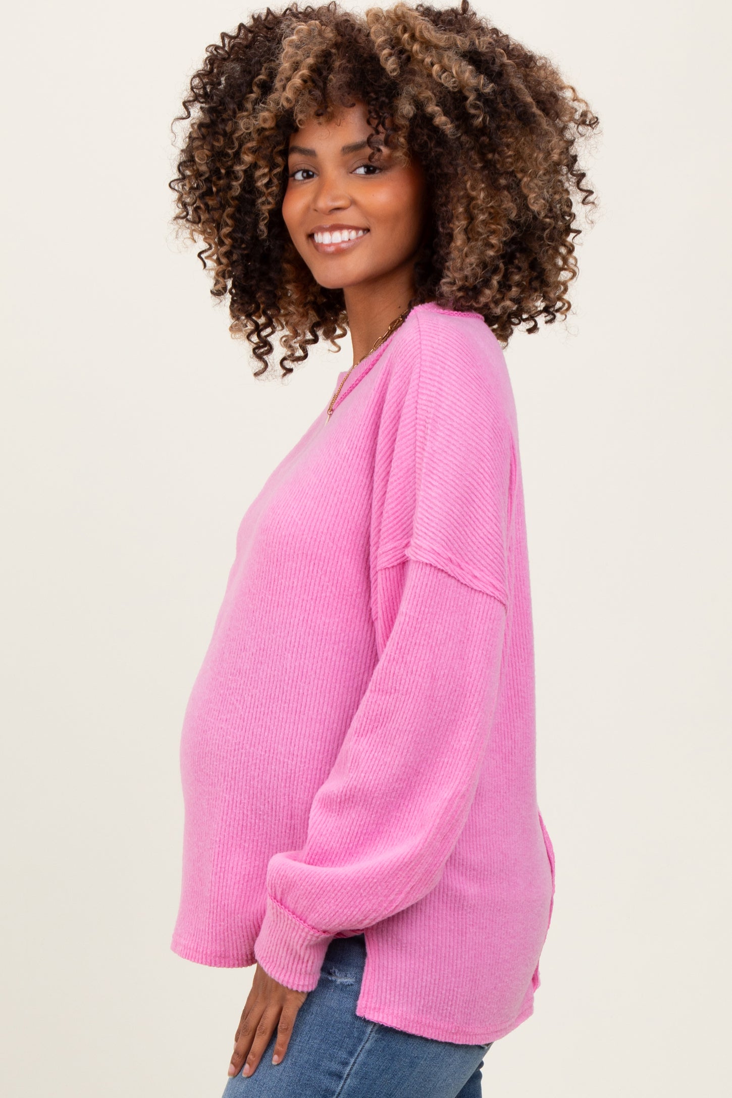 Pink Brushed Ribbed Knit Maternity Pullover