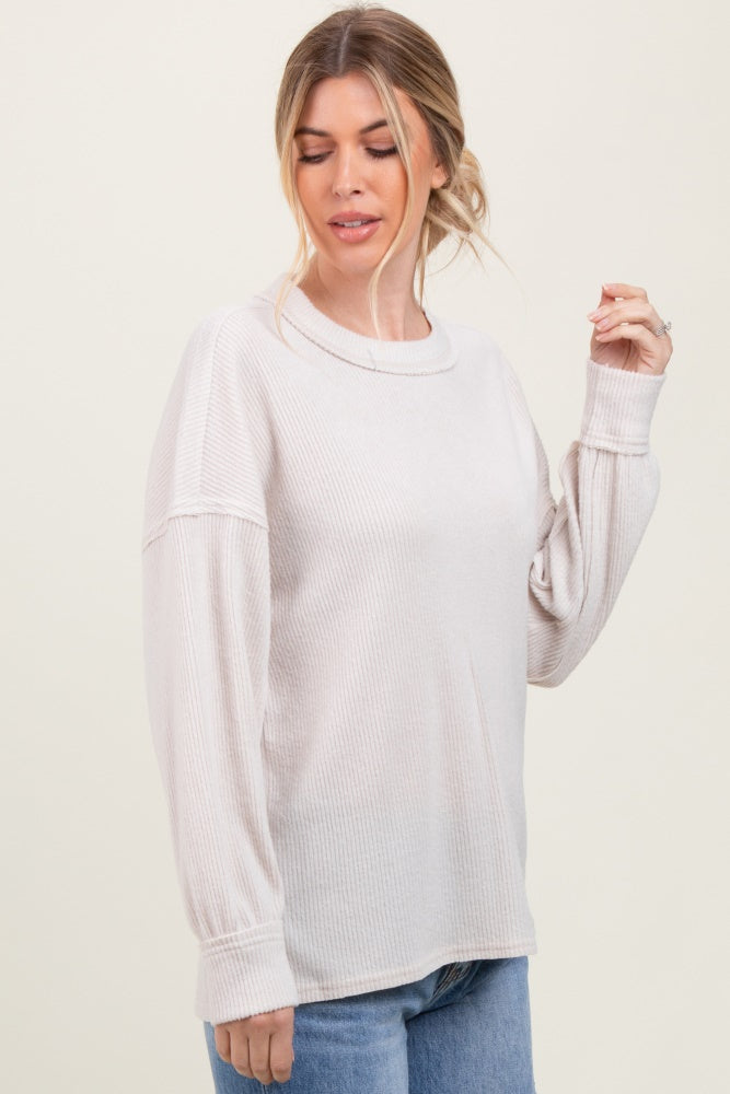 Beige Brushed Ribbed Knit Pullover