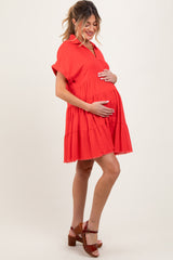 Coral Tiered Linen Maternity Dress
