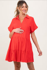 Coral Tiered Linen Maternity Dress