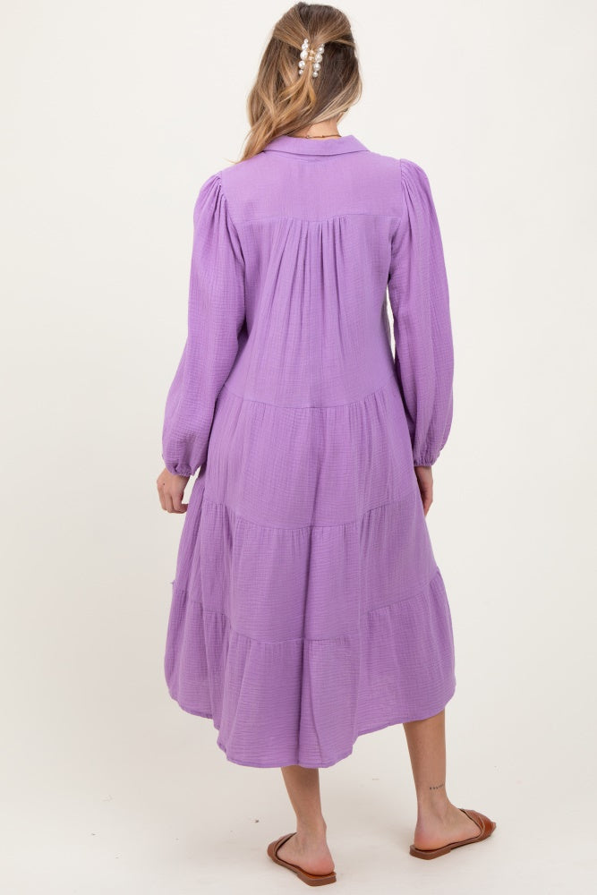 Lavender Light Weight Collared Tiered Maternity Midi Dress