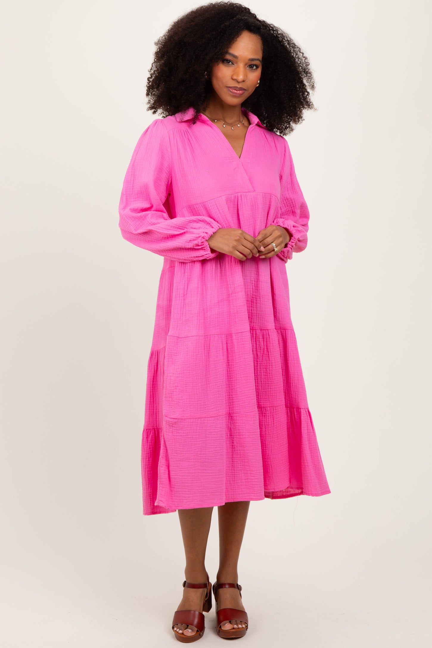 Fuchsia Light Weight Collared Tiered Midi Dress