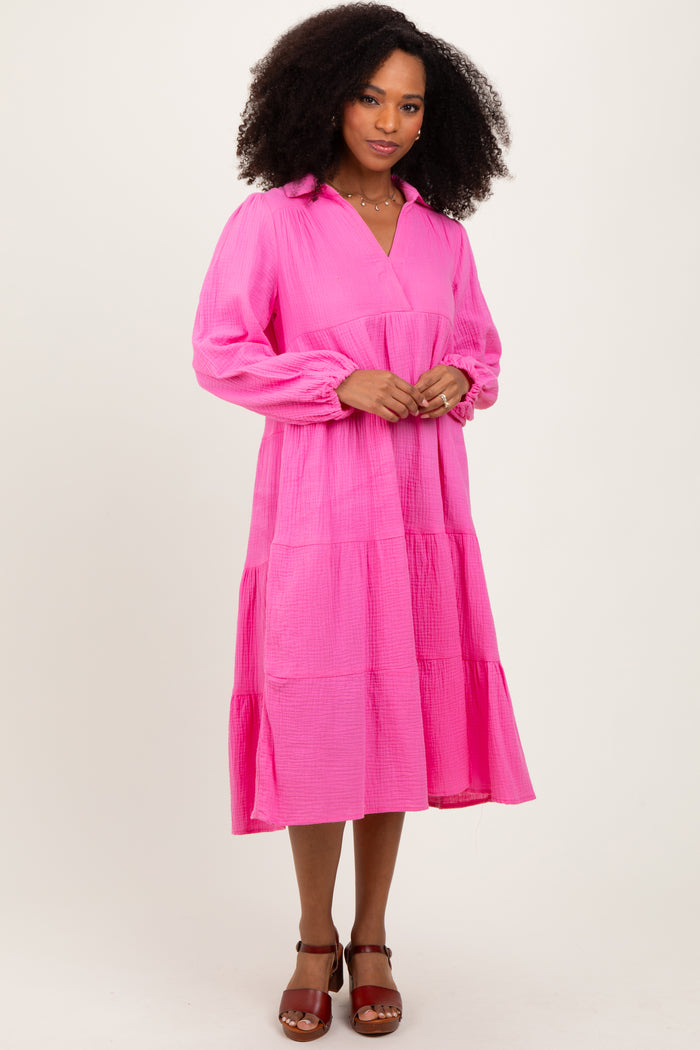 Fuchsia Light Weight Collared Tiered Maternity Midi Dress