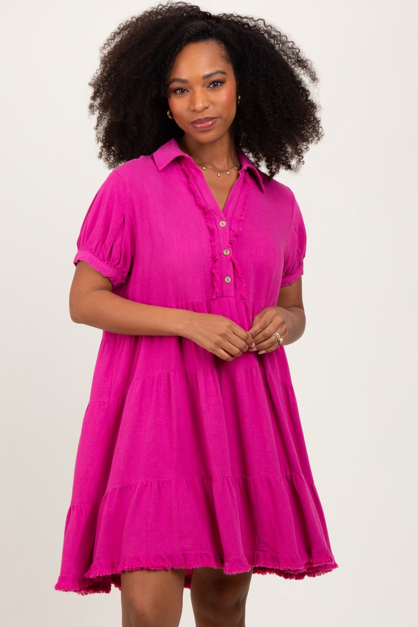 Fuchsia Tiered Collared Linen Dress