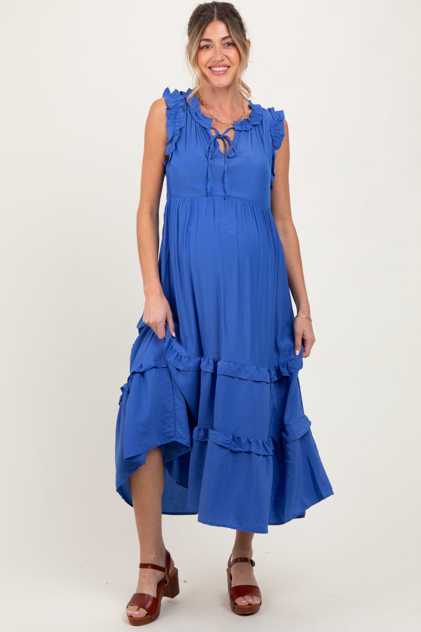 Blue Ruffle Accent Tiered Front Tie Maternity Midi Dress