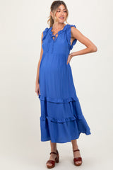 Blue Ruffle Accent Tiered Front Tie Maternity Midi Dress